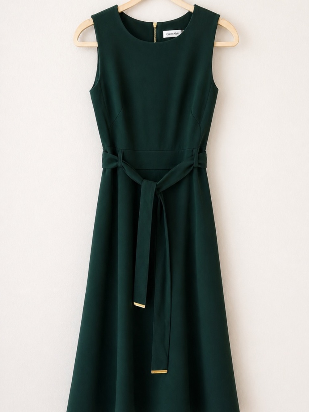 Calvin Klein Dark Green Sleeveless Belted Midi Dress
